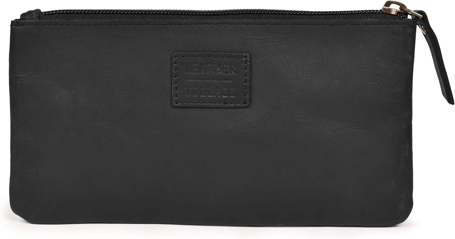 LEATHER VILLAGE Leather Pencil Pouch Pen Case - Matte Black - 8"X4"- Double Pocket - Elegant and Practical Zipper Pouch Holder for Artists, Men, and Women
