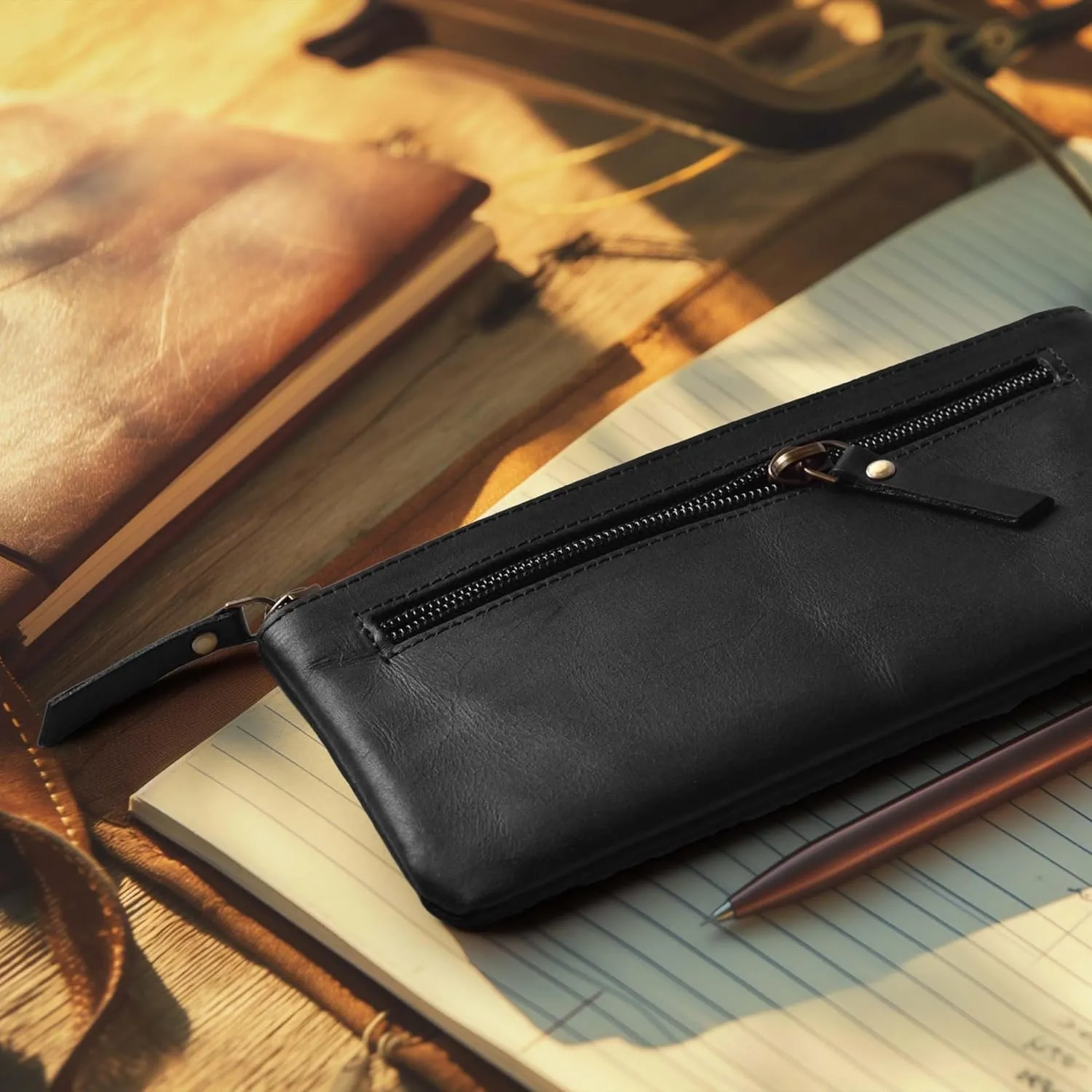 LEATHER VILLAGE Leather Pencil Pouch Pen Case - Matte Black - 8"X4"- Double Pocket - Elegant and Practical Zipper Pouch Holder for Artists, Men, and Women