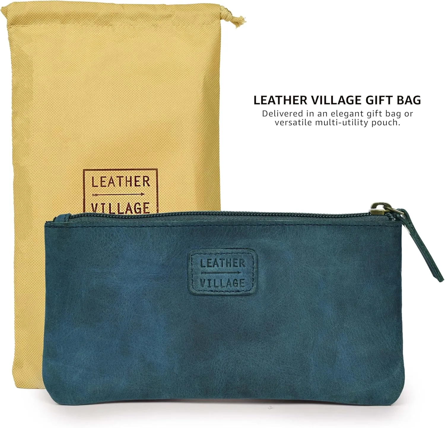LEATHER VILLAGE Leather Pencil Pouch Pen Case - Royal Blue - 8"X4"- Double Pocket - Elegant and Practical Zipper Pouch Holder for Artists, Men, and Women