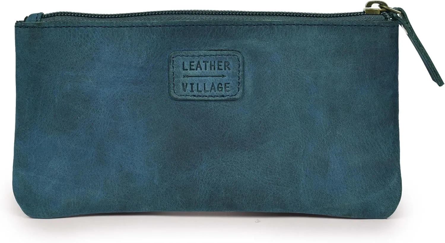 LEATHER VILLAGE Leather Pencil Pouch Pen Case - Royal Blue - 8"X4"- Double Pocket - Elegant and Practical Zipper Pouch Holder for Artists, Men, and Women
