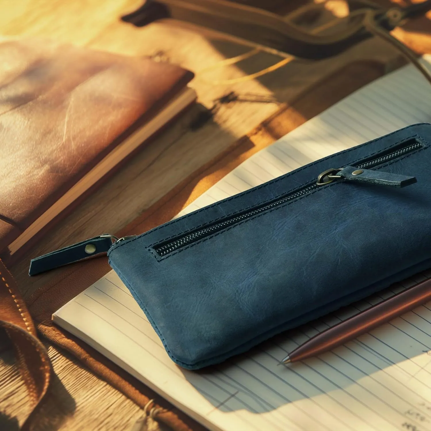LEATHER VILLAGE Leather Pencil Pouch Pen Case - Royal Blue - 8"X4"- Double Pocket - Elegant and Practical Zipper Pouch Holder for Artists, Men, and Women