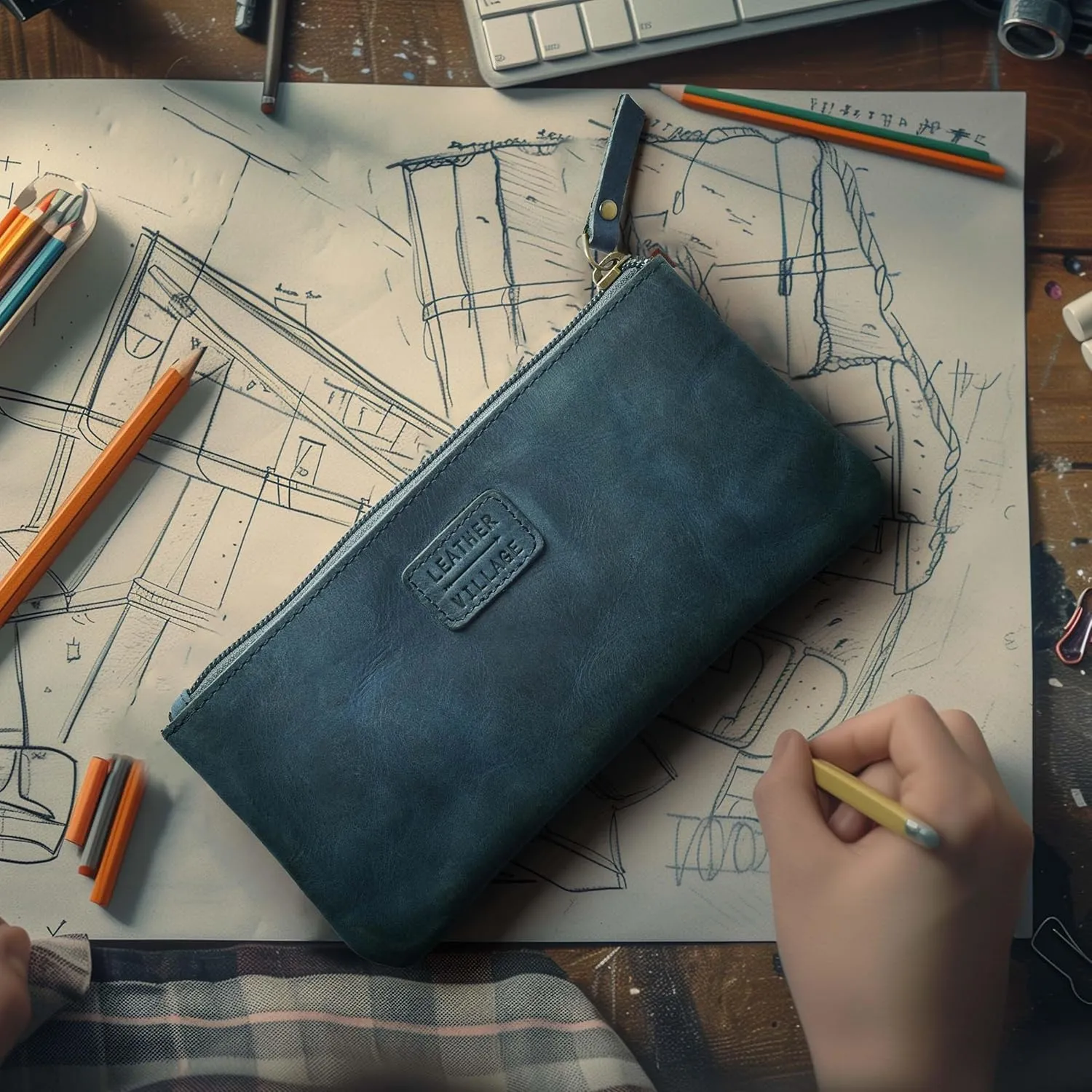 LEATHER VILLAGE Leather Pencil Pouch Pen Case - Royal Blue - 8"X4"- Double Pocket - Elegant and Practical Zipper Pouch Holder for Artists, Men, and Women