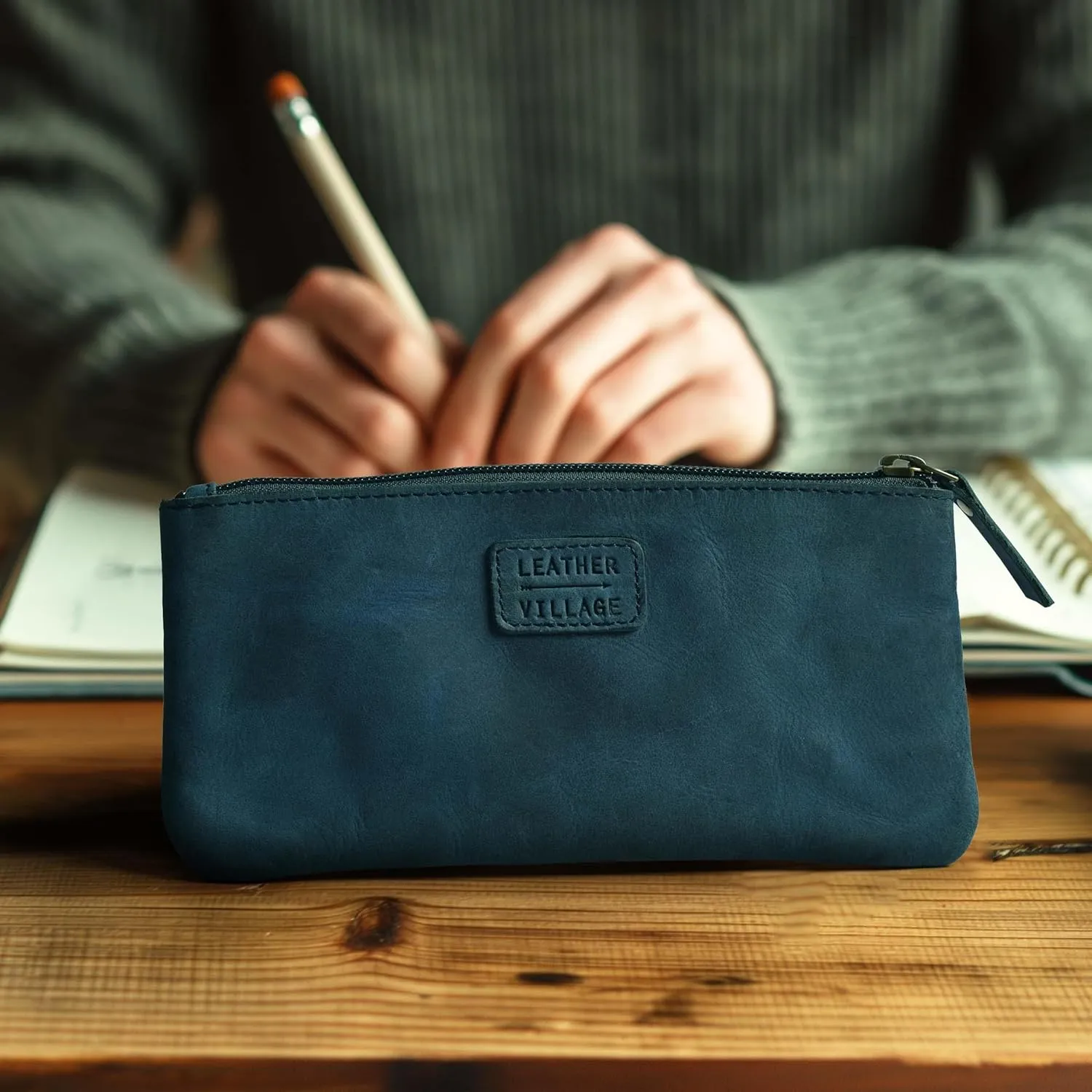 LEATHER VILLAGE Leather Pencil Pouch Pen Case - Royal Blue - 8"X4"- Double Pocket - Elegant and Practical Zipper Pouch Holder for Artists, Men, and Women