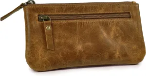 LEATHER VILLAGE Leather Pencil Pouch Pen Case - Sun Tan Brown - 8"X4"- Double Pocket - Elegant and Practical Zipper Pouch Holder for Artists, Men, and Women