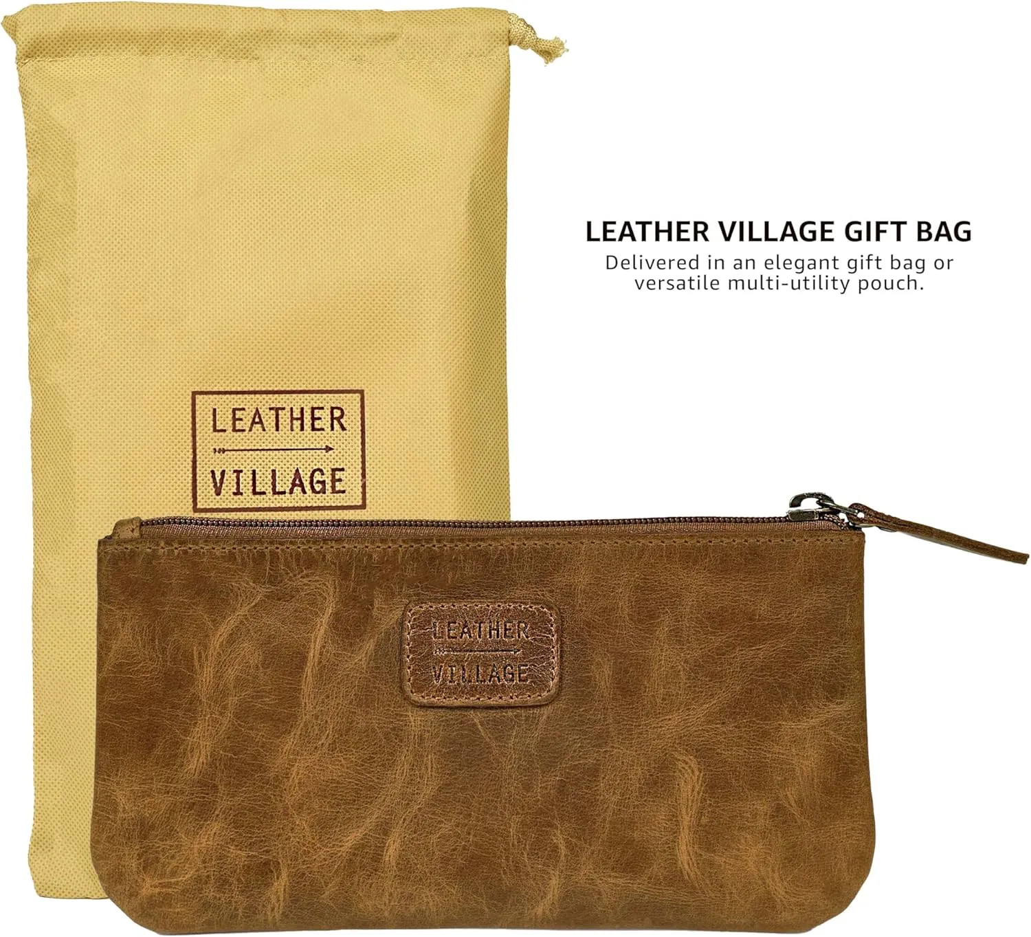 LEATHER VILLAGE Leather Pencil Pouch Pen Case - Sun Tan Brown - 8"X4"- Double Pocket - Elegant and Practical Zipper Pouch Holder for Artists, Men, and Women