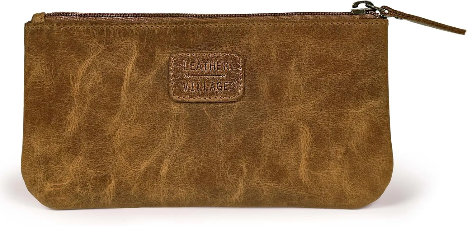 LEATHER VILLAGE Leather Pencil Pouch Pen Case - Sun Tan Brown - 8"X4"- Double Pocket - Elegant and Practical Zipper Pouch Holder for Artists, Men, and Women