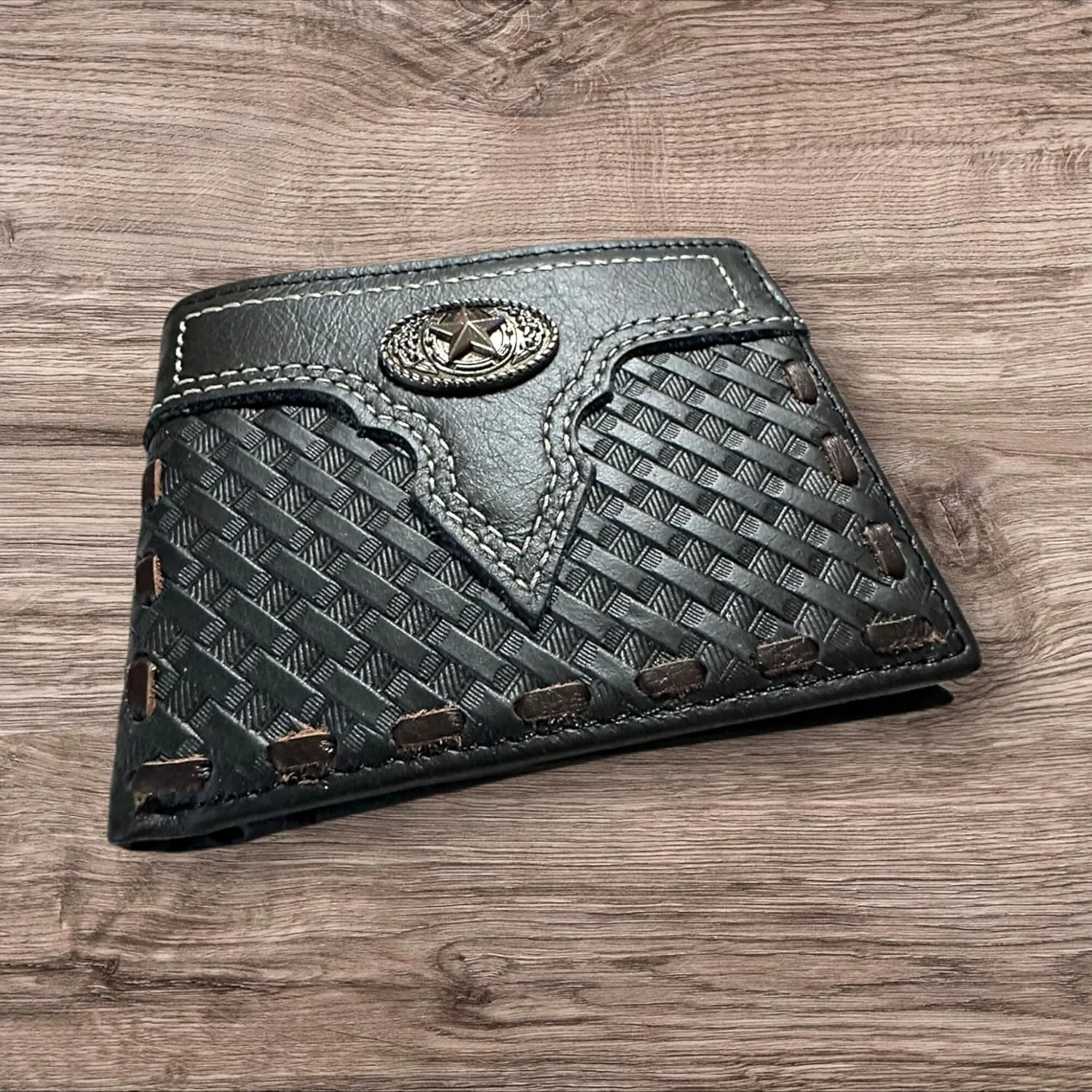 Leather Wallet Basketwave Cowboy Horseshoe Lone Star Concho Cowhide Stitched Bi Fold Checkbook Style Hand Crafted High End Smooth Leather Mens Wallets Leather Gifts For Men (Black)