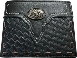 Leather Wallet Basketwave Cowboy Horseshoe Lone Star Concho Cowhide Stitched Bi Fold Checkbook Style Hand Crafted High End Smooth Leather Mens Wallets Leather Gifts For Men (Black)