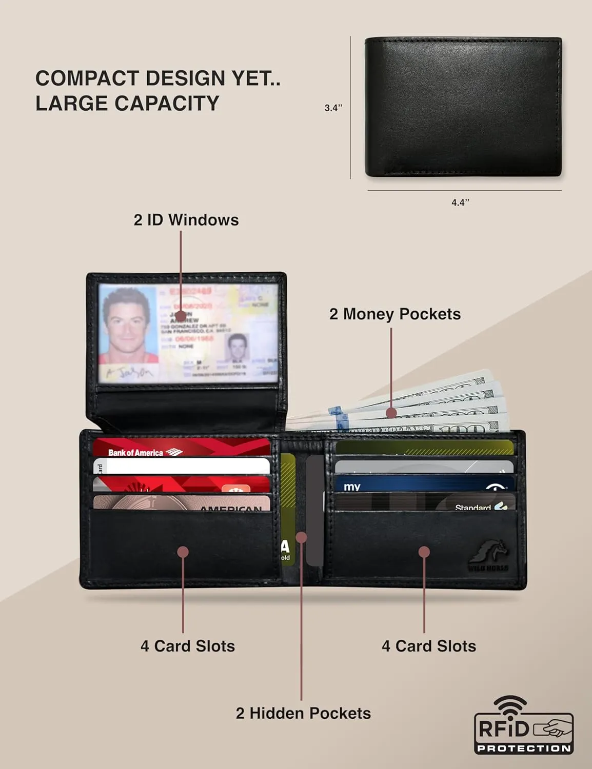 Leather Wallet for Men, RFID Wallet, Hold upto 14 Cards, 2 ID Windows, 2 Money Pockets, Slim Bifold Wallet for Men