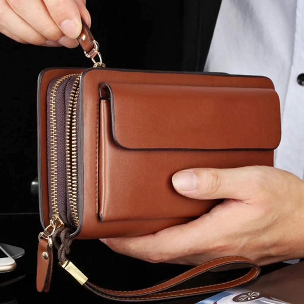 Leather Wallet Pu Leather Wallet Fashion Large Capacity Long Purse Clutch for Men and Women Retro Business Casual Coin Pocket Large Capacity (Brown,12x20.5cm)