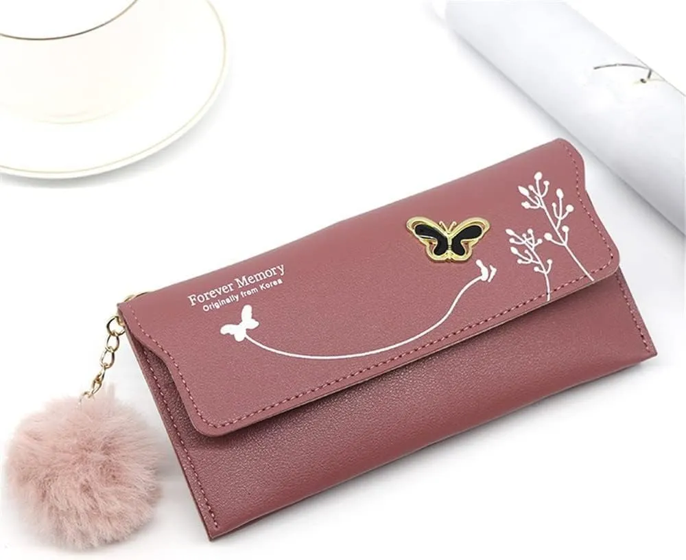Leather Wallet Pu Leather Women's Wallet New Long Fashion Zipper Purse Clutch for Girls Creative Bow Portable Coin Pocket Card Holder Large Capacity (Re,9.5x19cm)