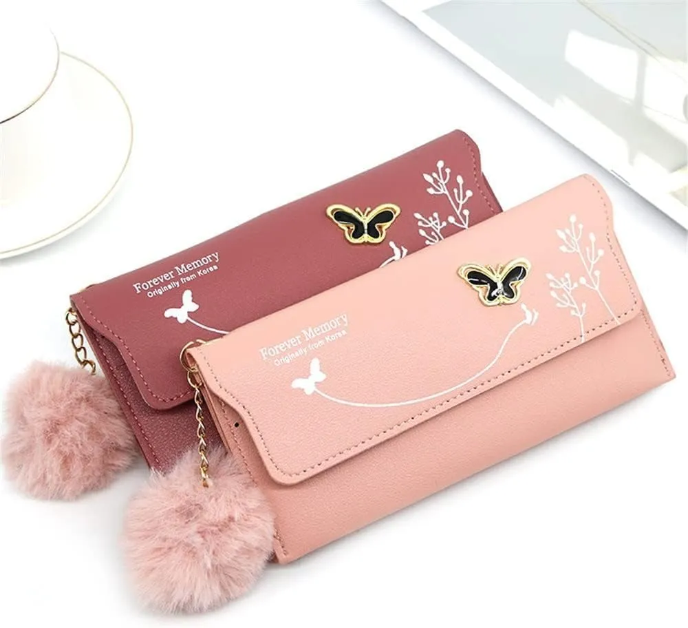 Leather Wallet Pu Leather Women's Wallet New Long Fashion Zipper Purse Clutch for Girls Creative Bow Portable Coin Pocket Card Holder Large Capacity (Re,9.5x19cm)