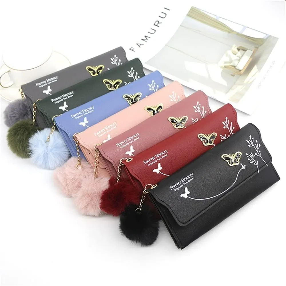 Leather Wallet Pu Leather Women's Wallet New Long Fashion Zipper Purse Clutch for Girls Creative Bow Portable Coin Pocket Card Holder Large Capacity (Re,9.5x19cm)