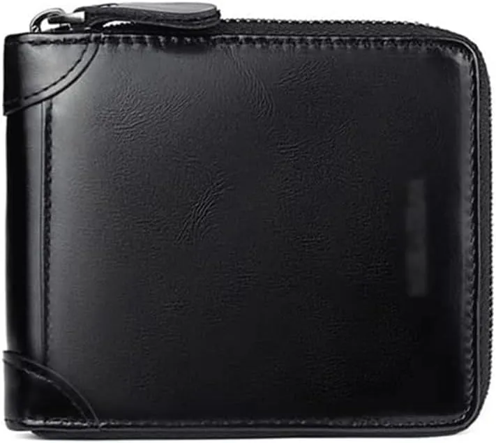 Leather Wallet Pu Leather Zipper Wallet Large Capacity Short Thin Purse Clutch for Men and Women Photo Clip Bank Card Holder Coin Pocket Large Capacity (Black,12x11cm)