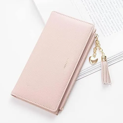 Leather Wallet Women's Pu Leather Wallet Long Large Capacity Zipper Purse Clutch for Ladies Girls Fashion Tassel Coin Holder Large Capacity (Gy,10x19cm)