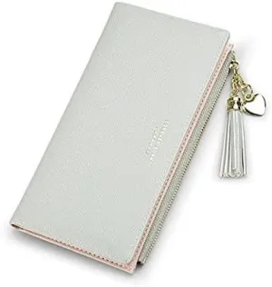 Leather Wallet Women's Pu Leather Wallet Long Large Capacity Zipper Purse Clutch for Ladies Girls Fashion Tassel Coin Holder Large Capacity (Gy,10x19cm)
