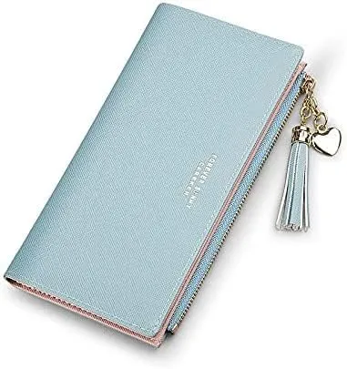 Leather Wallet Women's Pu Leather Wallet Long Large Capacity Zipper Purse Clutch for Ladies Girls Fashion Tassel Coin Holder Large Capacity (Gy,10x19cm)