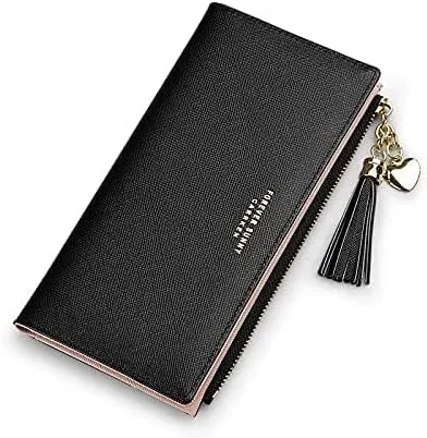 Leather Wallet Women's Pu Leather Wallet Long Large Capacity Zipper Purse Clutch for Ladies Girls Fashion Tassel Coin Holder Large Capacity (Gy,10x19cm)
