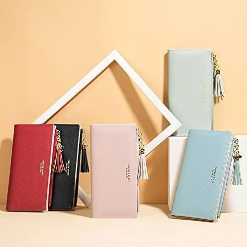 Leather Wallet Women's Pu Leather Wallet Long Large Capacity Zipper Purse Clutch for Ladies Girls Fashion Tassel Coin Holder Large Capacity (Gy,10x19cm)