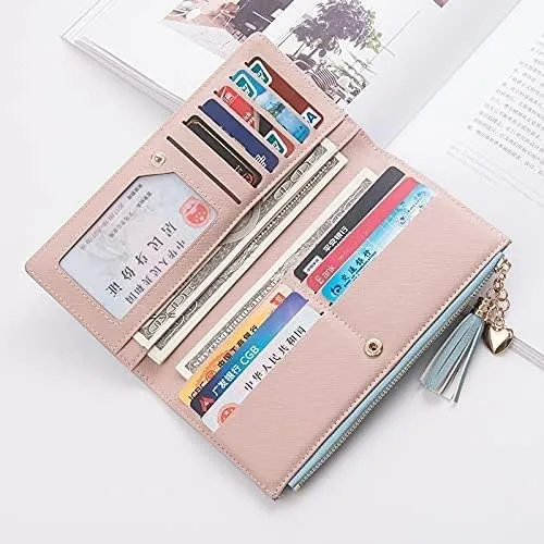 Leather Wallet Women's Pu Leather Wallet Long Large Capacity Zipper Purse Clutch for Ladies Girls Fashion Tassel Coin Holder Large Capacity (Gy,10x19cm)