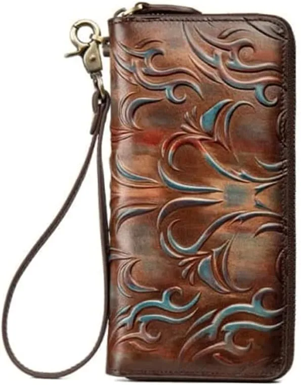 Leather Wallet Women's Wallet Large Capacity Long Purse Clutch Natural Pattern Vintage Coin Pocket Ladies Birthday Large Capacity (Coffee,10x19cm)
