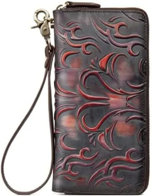 Leather Wallet Women's Wallet Large Capacity Long Purse Clutch Natural Pattern Vintage Coin Pocket Ladies Birthday Large Capacity (Red,10x19cm)