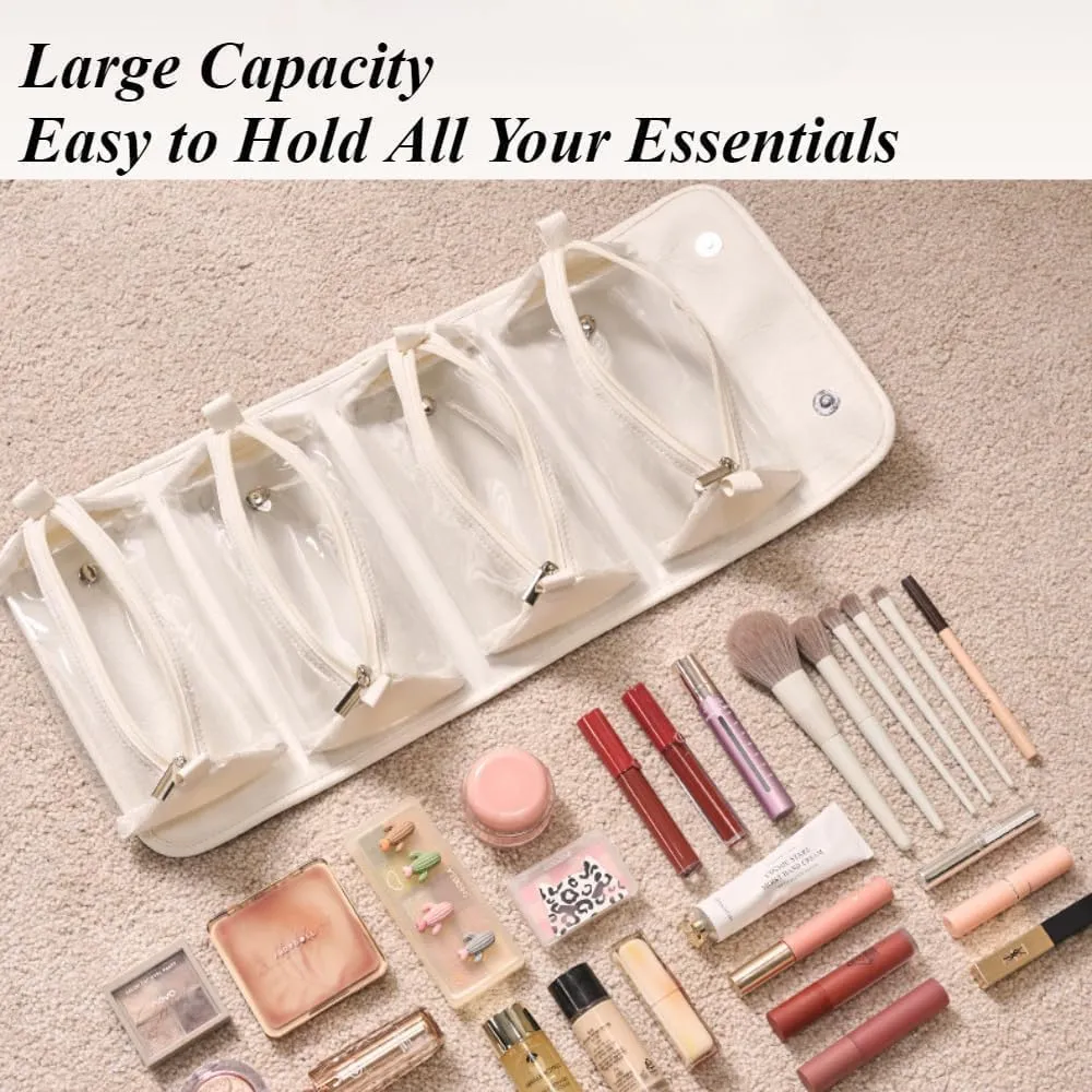 Leather Waterproof Cosmetic Bag Detachable 4 in 1 Travel Toiletry Bag with 4 Detachable Clear Compartment Roll up Makeup Bag Hanging Makeup Bag Leather Multi Compartment Cosmetic Bag (Grey)