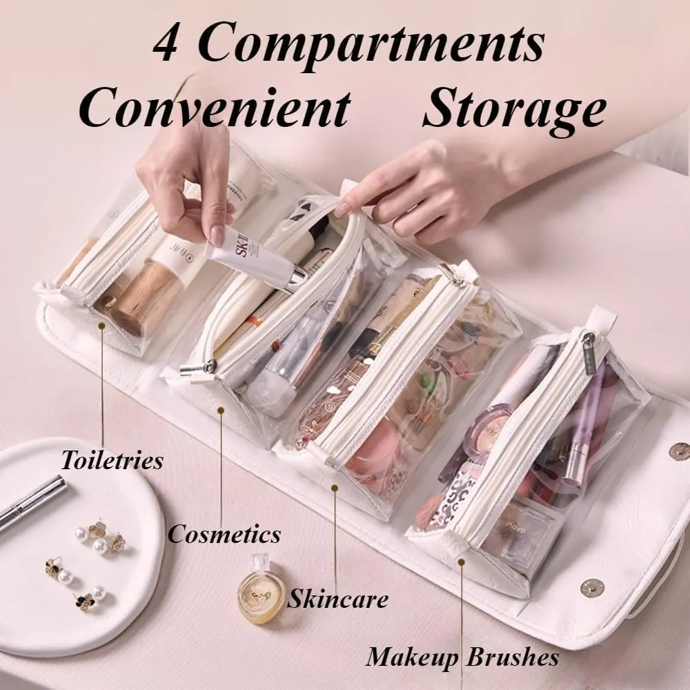Leather Waterproof Cosmetic Bag Detachable 4 in 1 Travel Toiletry Bag with 4 Detachable Clear Compartment Roll up Makeup Bag Hanging Makeup Bag Leather Multi Compartment Cosmetic Bag (Grey)