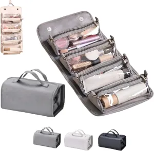 Leather Waterproof Cosmetic Bag Detachable 4 in 1 Travel Toiletry Bag with 4 Detachable Clear Compartment Roll up Makeup Bag Hanging Makeup Bag Leather Multi Compartment Cosmetic Bag (Grey)