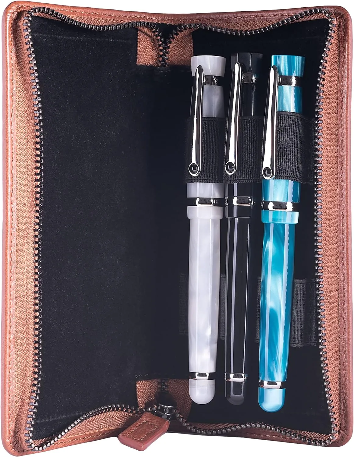 Leather Zippered Triple or Quad Pen Case Pencil Pouch Holder for Three or Four Fountain Ballpoint Rollerball Pens or Glasses (Nappa Bugatti)