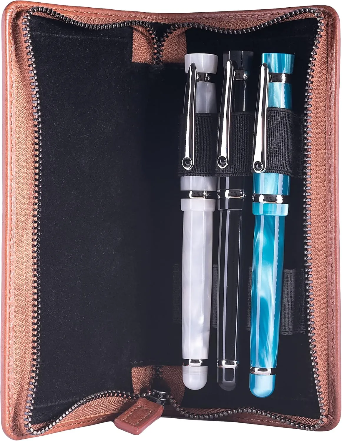 Leather Zippered Triple or Quad Pen Case Pencil Pouch Holder for Three or Four Fountain Ballpoint Rollerball Pens or Glasses (Nappa Bugatti)