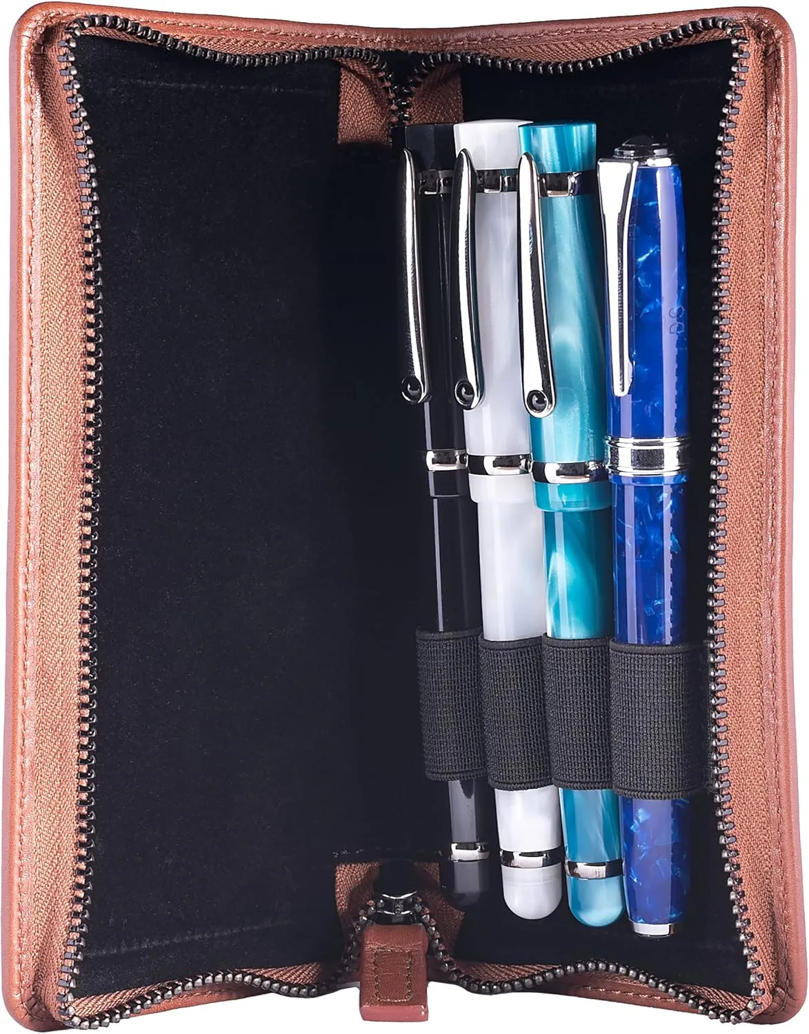 Leather Zippered Triple or Quad Pen Case Pencil Pouch Holder for Three or Four Fountain Ballpoint Rollerball Pens or Glasses (Nappa Bugatti)