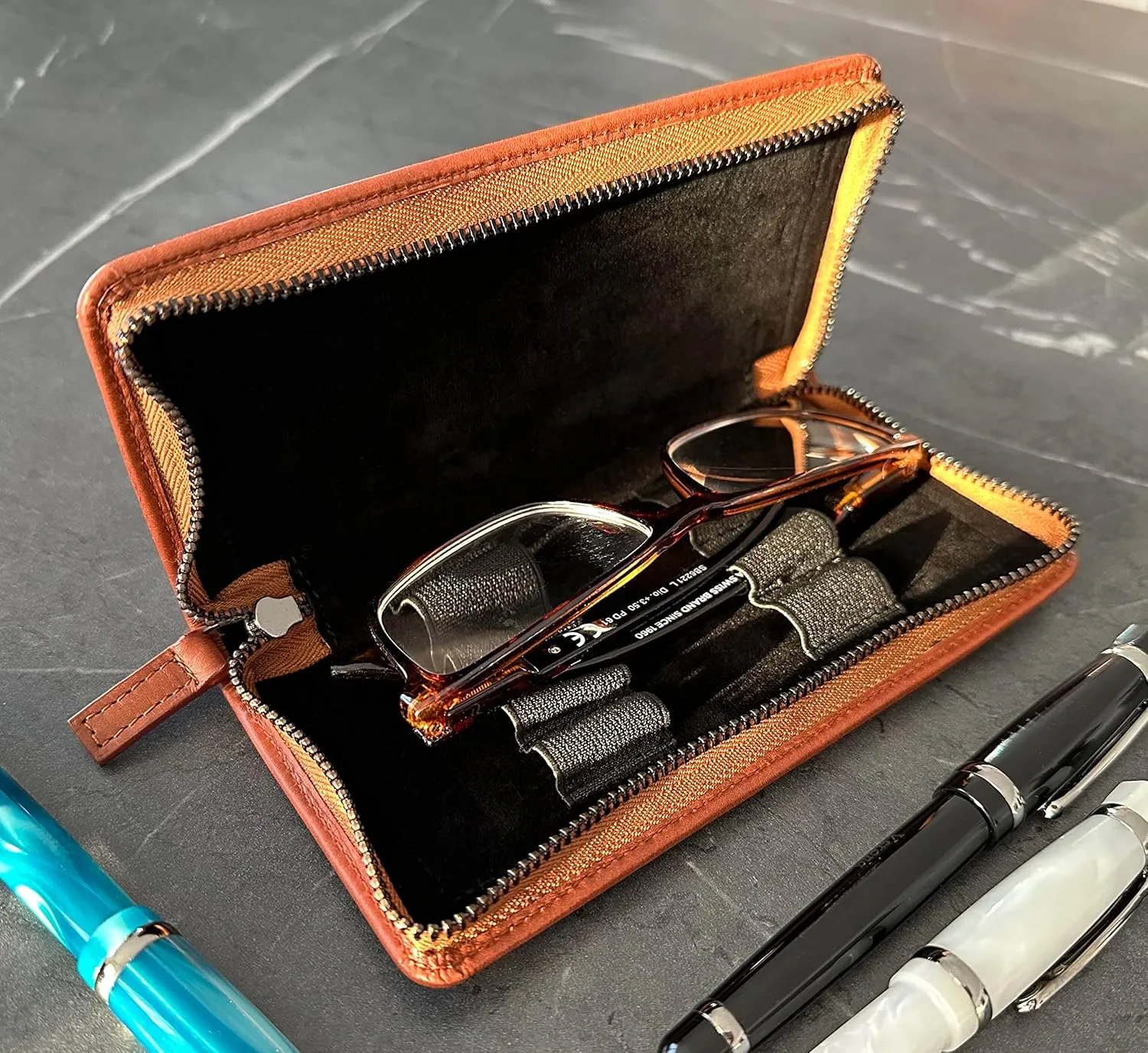 Leather Zippered Triple or Quad Pen Case Pencil Pouch Holder for Three or Four Fountain Ballpoint Rollerball Pens or Glasses (Nappa Bugatti)