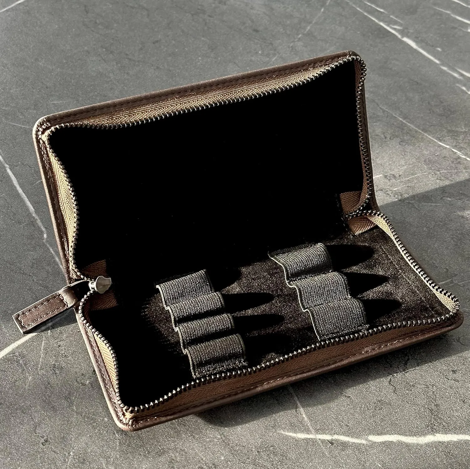Leather Zippered Triple or Quad Pen Case Pencil Pouch Holder for Three or Four Fountain Ballpoint Rollerball Pens or Glasses (Nappa Bugatti)