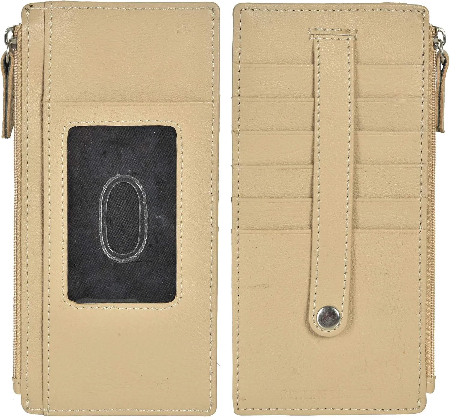 Leatherboss Genuine Leather Women's All in One Credit Business Card Case Holder Slim Zipper Wallet With a Card Protection Strap, Beige