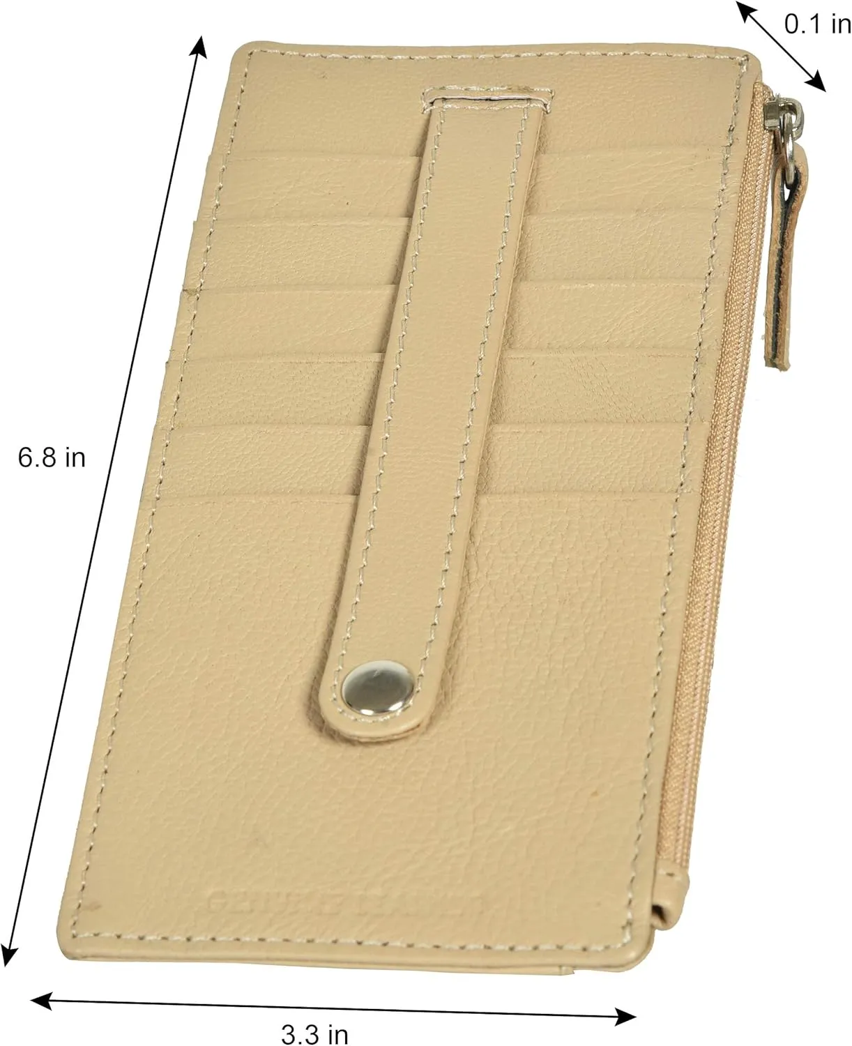 Leatherboss Genuine Leather Women's All in One Credit Business Card Case Holder Slim Zipper Wallet With a Card Protection Strap, Beige
