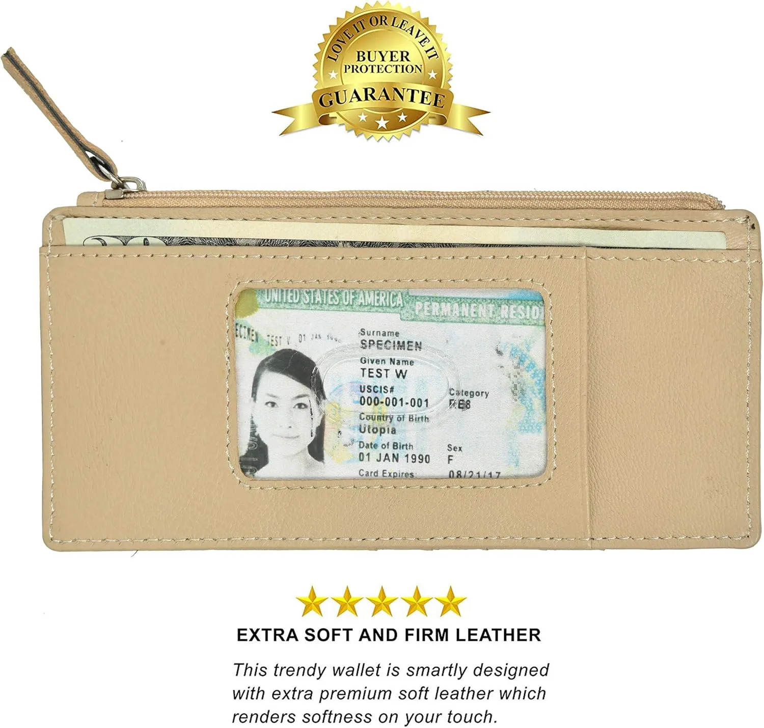 Leatherboss Genuine Leather Women's All in One Credit Business Card Case Holder Slim Zipper Wallet With a Card Protection Strap, Beige