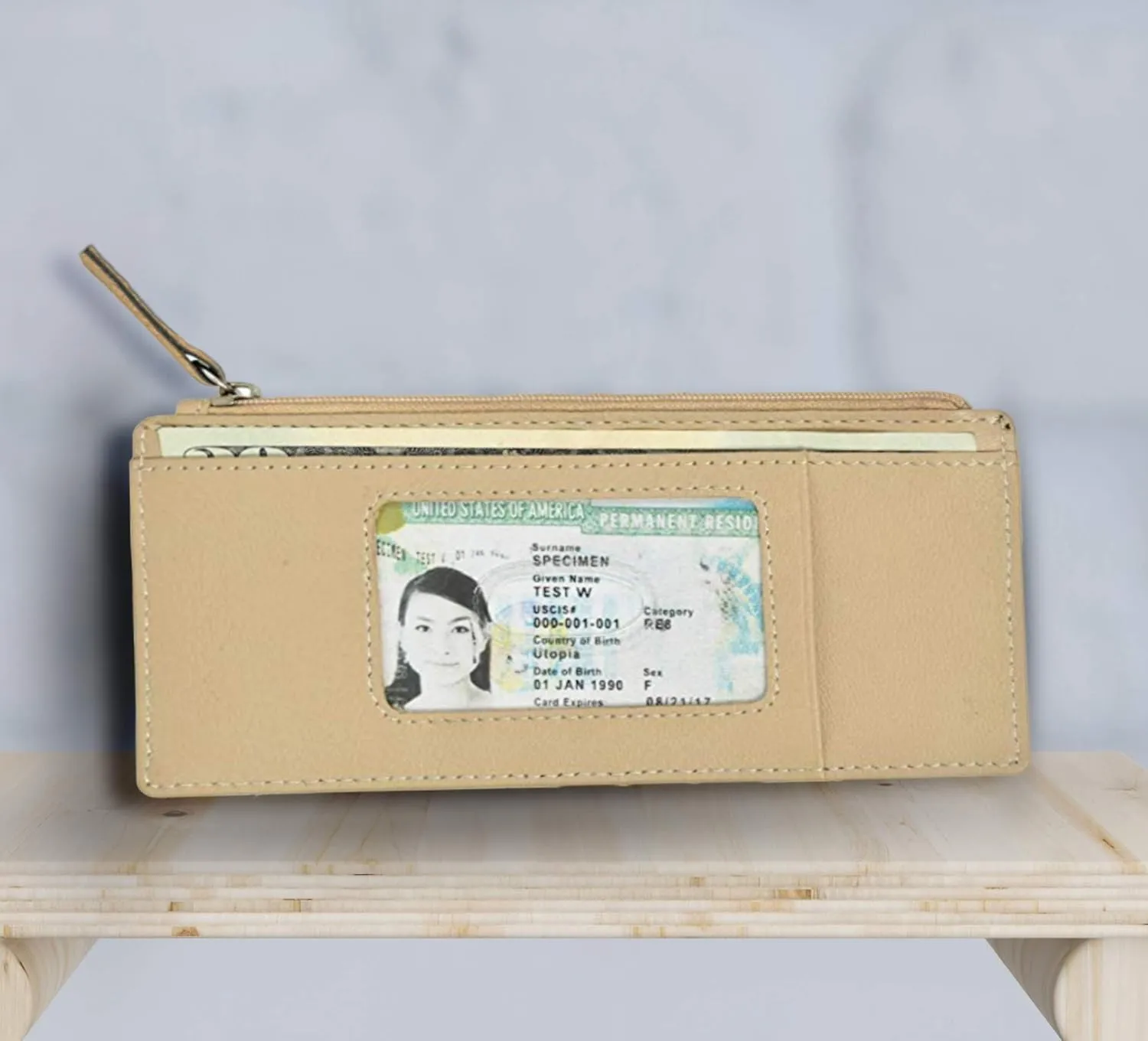 Leatherboss Genuine Leather Women's All in One Credit Business Card Case Holder Slim Zipper Wallet With a Card Protection Strap, Beige