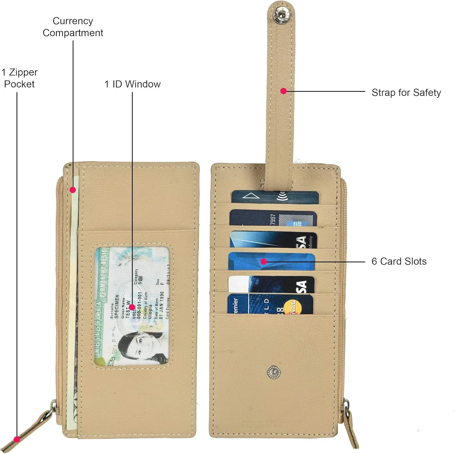 Leatherboss Genuine Leather Women's All in One Credit Business Card Case Holder Slim Zipper Wallet With a Card Protection Strap, Beige