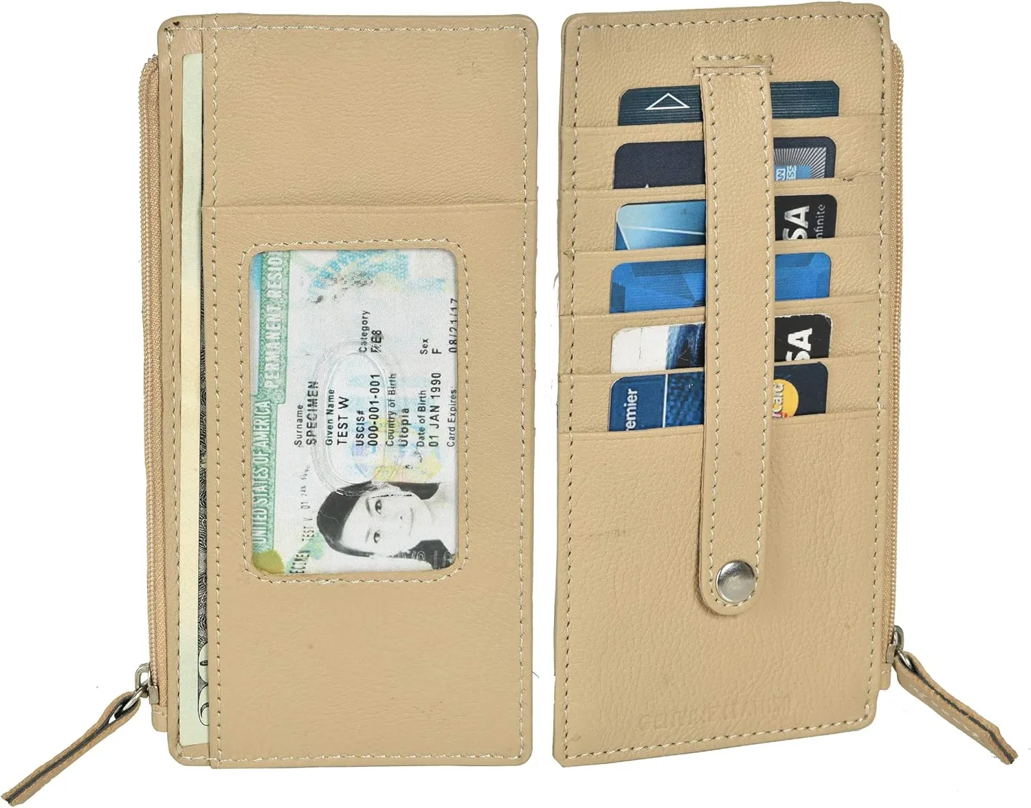 Leatherboss Genuine Leather Women's All in One Credit Business Card Case Holder Slim Zipper Wallet With a Card Protection Strap, Beige