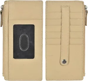 Leatherboss Genuine Leather Women's All in One Credit Business Card Case Holder Slim Zipper Wallet With a Card Protection Strap, Beige