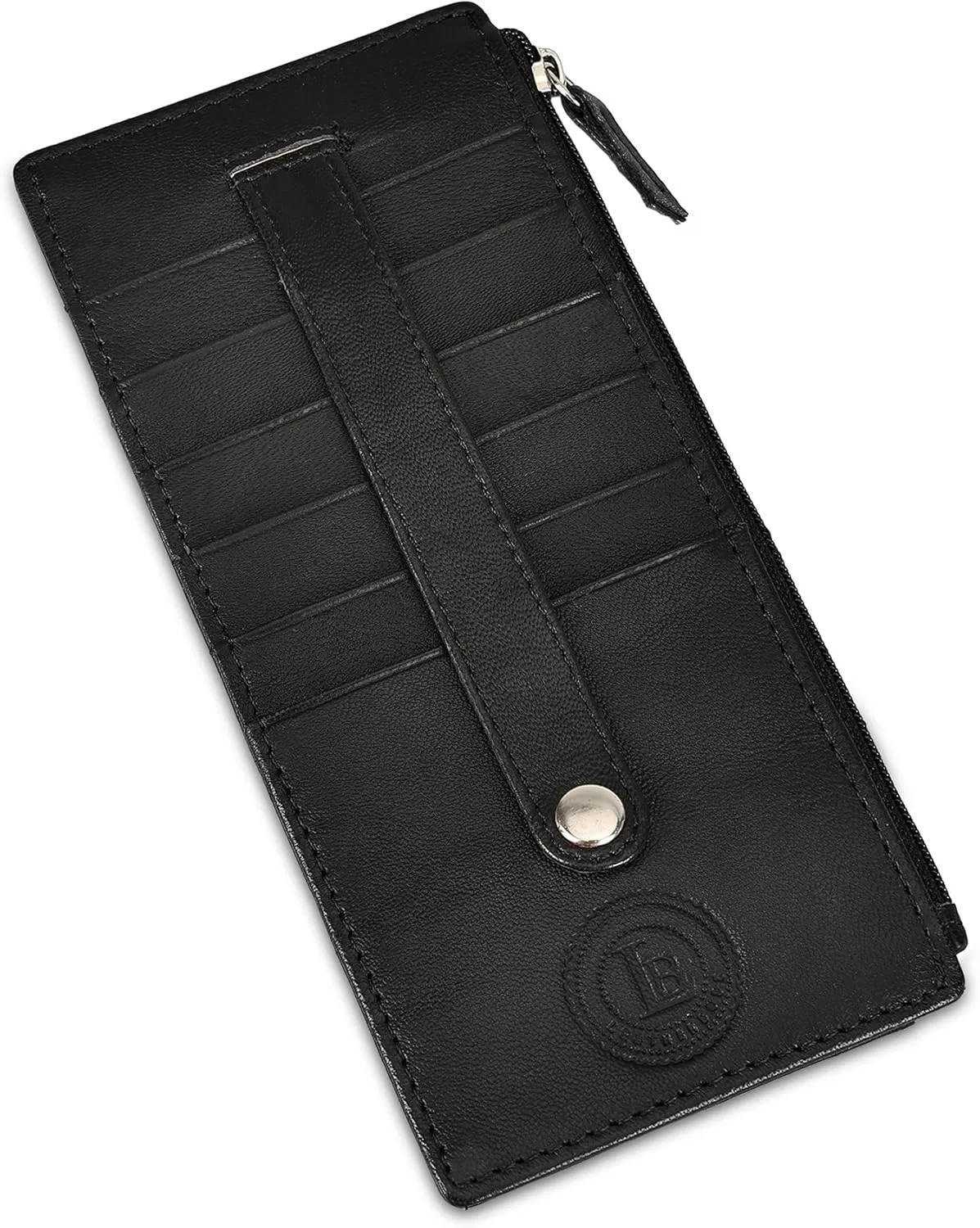 Leatherboss Genuine Leather Women's All in One Credit Business Card Case Holder Slim Zipper Wallet With a Card Protection Strap, Black