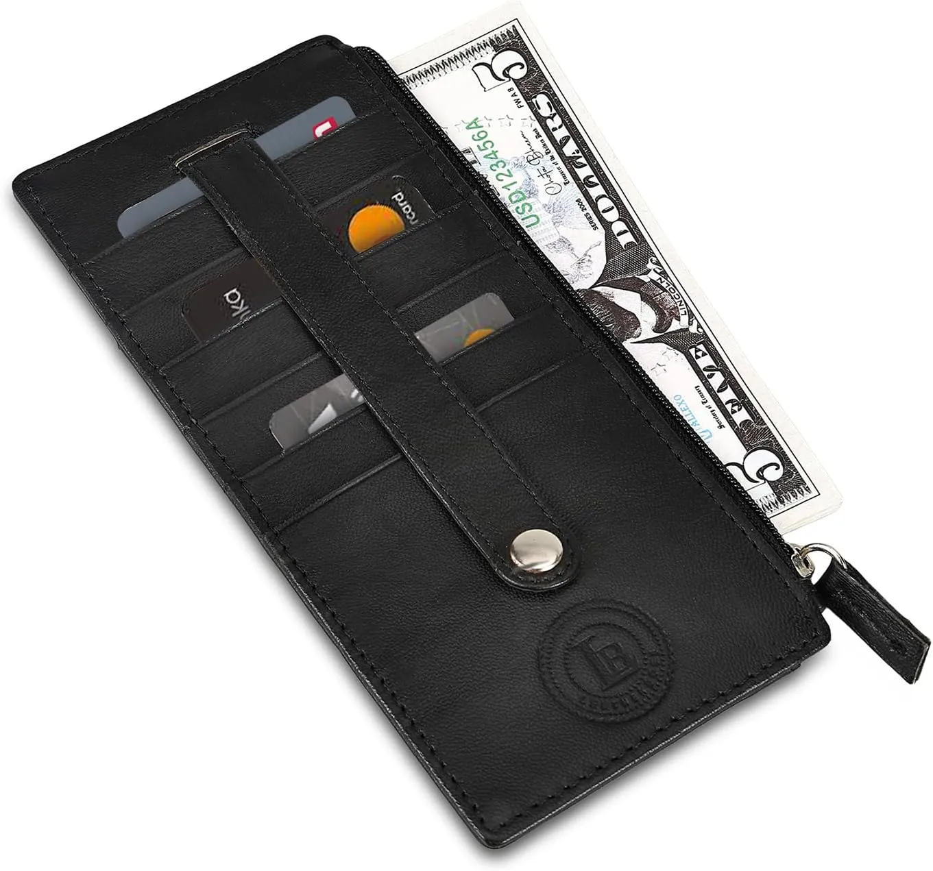 Leatherboss Genuine Leather Women's All in One Credit Business Card Case Holder Slim Zipper Wallet With a Card Protection Strap, Black