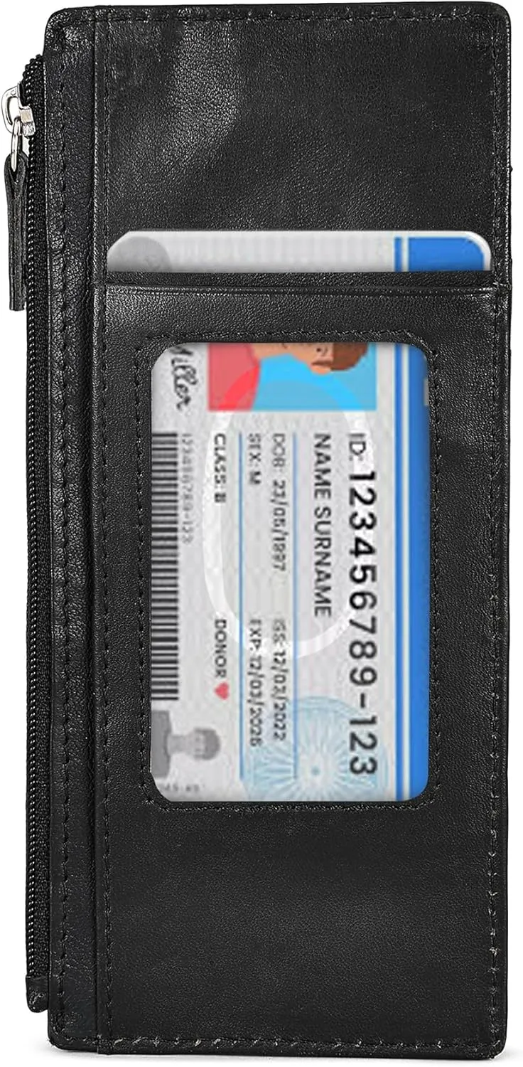 Leatherboss Genuine Leather Women's All in One Credit Business Card Case Holder Slim Zipper Wallet With a Card Protection Strap, Black