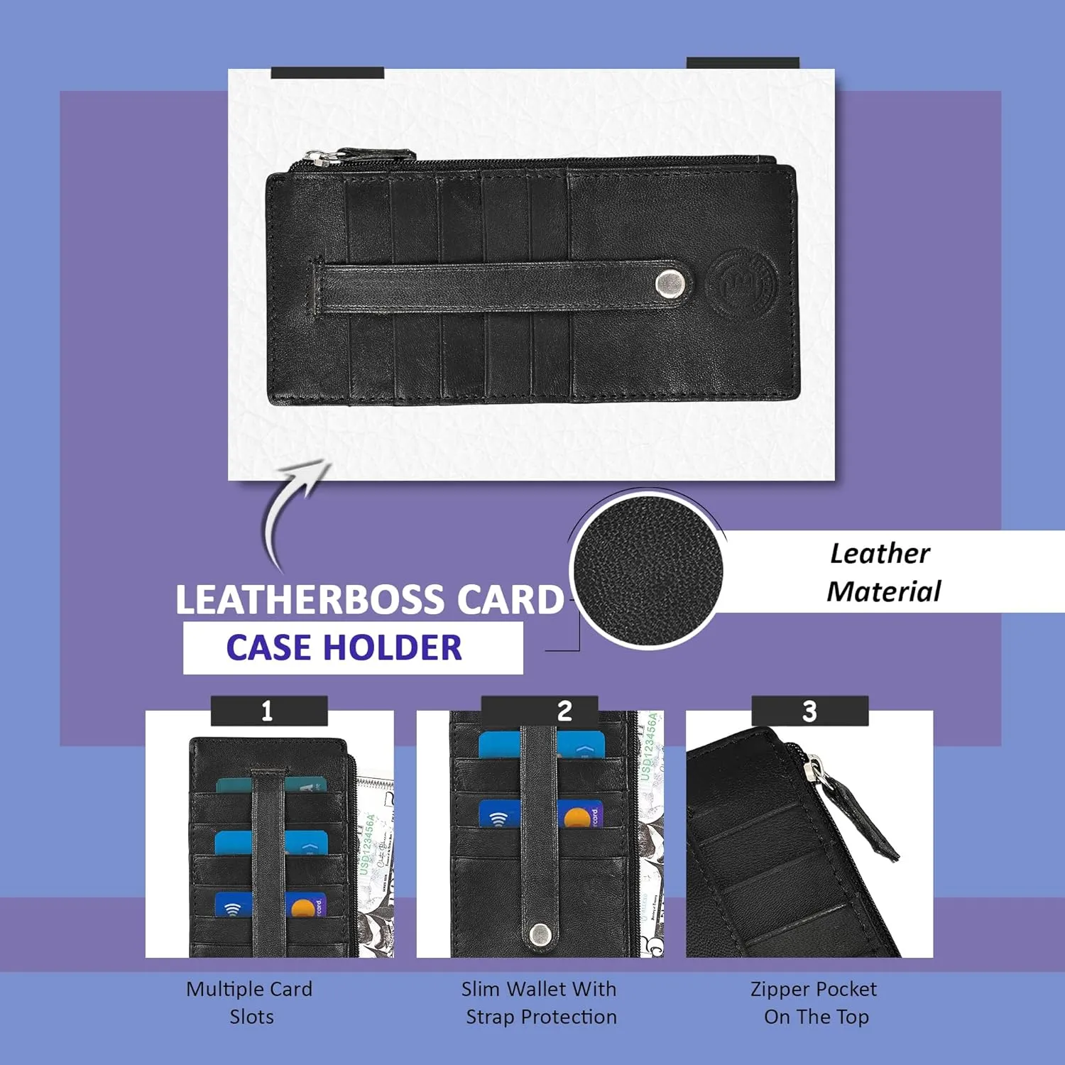 Leatherboss Genuine Leather Women's All in One Credit Business Card Case Holder Slim Zipper Wallet With a Card Protection Strap, Black