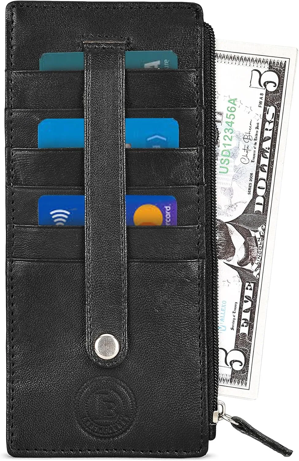 Leatherboss Genuine Leather Women's All in One Credit Business Card Case Holder Slim Zipper Wallet With a Card Protection Strap, Black
