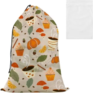 Leaves Acorn Coffee Pumpkin Laundry Bags, Drawstring Closure Dirty Clothes Bag Organizer, Heavy Duty Large Laundry Bag Storage, Rip-Stop Bags for Camp Travel, Machine Washable 24 x 35.8 Inch