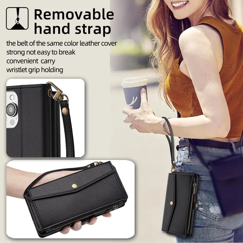 Leedia Crossbody Wallet Case for Galaxy S23 FE for Women, PU Leather Flip Case with [RFID Blocking] Card Holder, Zipper Handbag Magnetic Snap Wrist Strap for Samsung Galaxy S23 FE 6.4" Black