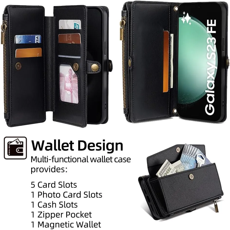 Leedia Crossbody Wallet Case for Galaxy S23 FE for Women, PU Leather Flip Case with [RFID Blocking] Card Holder, Zipper Handbag Magnetic Snap Wrist Strap for Samsung Galaxy S23 FE 6.4" Black