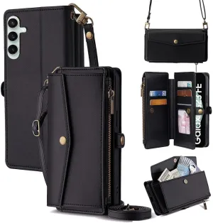 Leedia Crossbody Wallet Case for Galaxy S23 FE for Women, PU Leather Flip Case with [RFID Blocking] Card Holder, Zipper Handbag Magnetic Snap Wrist Strap for Samsung Galaxy S23 FE 6.4" Black